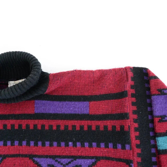 Vintage 90'S Vanderbilt Maroon Black Purple Aztec Turtleneck  Knit Sweater M - Picture 12 of 13